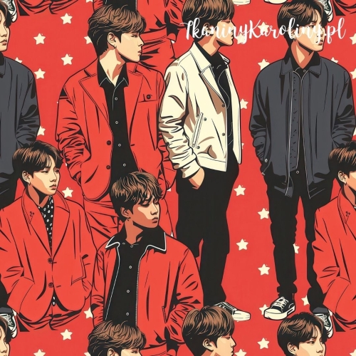 WELUR TAPICERSKI K-POP Chłopcy całe sylwetki na czerwonym tle i gwiazdki [6-8]   