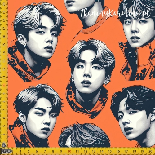 TKANINA WODOODPORNA OXFORD K-POP Chłopcy monochromatyczne twarze na pomarańczowym tle
