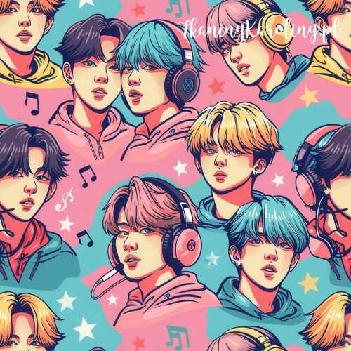 WELUR TAPICERSKI K-POP Chłopcy w słuchawkach na różu i turkusie [6-8]   