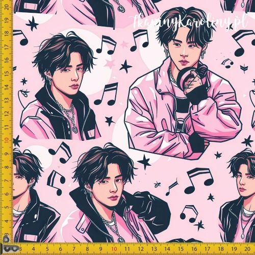 TKANINA WODOODPORNA OXFORD K-POP Chłopcy z nutami na jasnym różu