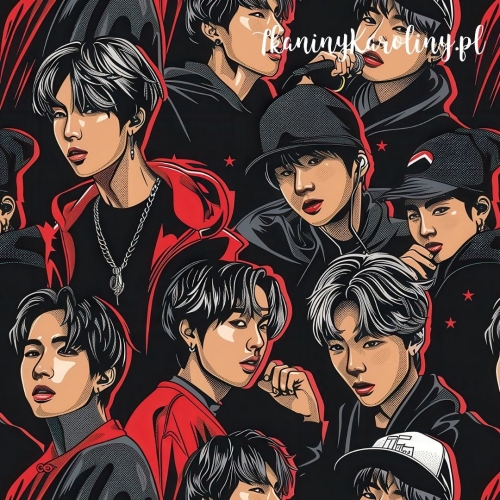 TKANINA WODOODPORNA OXFORD K-POP Chłopcy czarno-czerwony z gwiazdkami