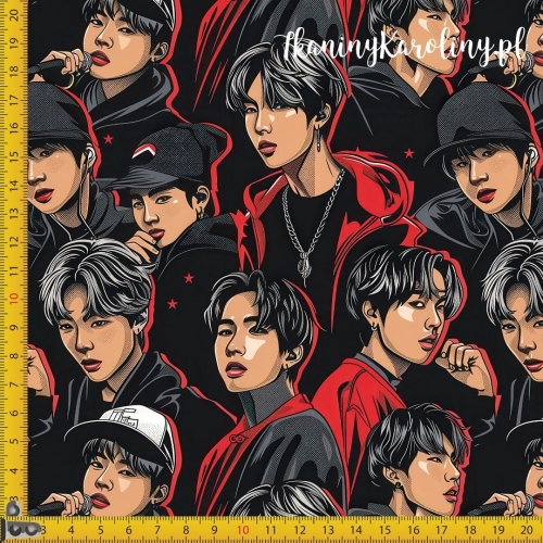 TKANINA WODOODPORNA OXFORD K-POP Chłopcy czarno-czerwony z gwiazdkami