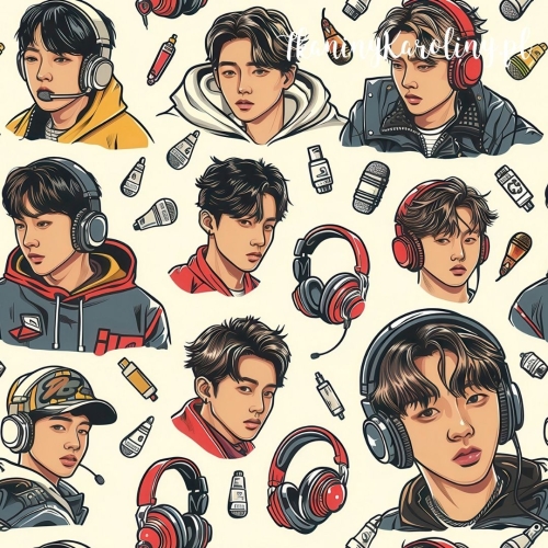 WELUR TAPICERSKI K-POP Chłopcy w słuchawkach na jasnym tle z mikrofonami