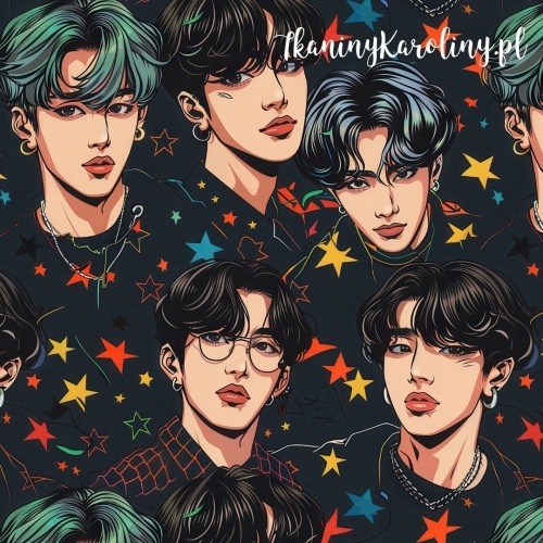 WELUR TAPICERSKI K-POP Chłopcy na ciemnym tle z kolorowymi gwiazdkami [6-8] 