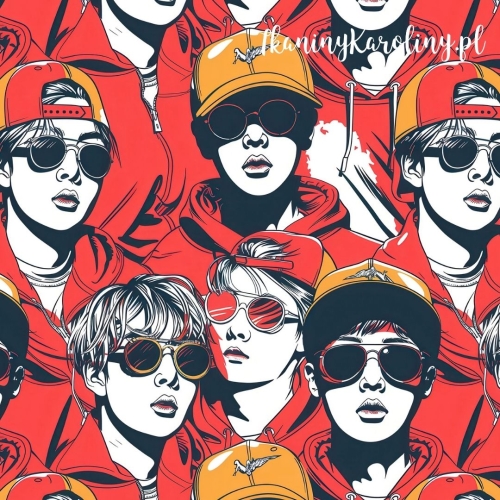 TKANINA WODOODPORNA OXFORD K-POP Chłopcy monochromatyczni w czapkach i okularach na czerwono-pomarańczowym tle [6-8] 