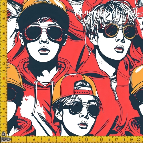 TKANINA WODOODPORNA OXFORD K-POP Chłopcy monochromatyczni w czapkach i okularach na czerwono-pomarańczowym tle