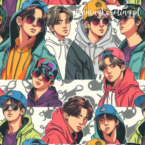 TKANINA WODOODPORNA OXFORD K-POP Chłopcy w kolorowych bluzach, czapkach i okularach na jasnym tle [6-8] 
