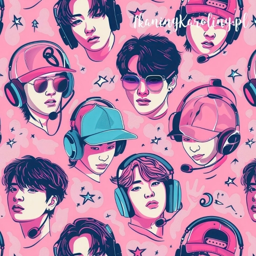 WELUR TAPICERSKI K-POP Chłopcy w słuchawkach i czapkach na różowym tle