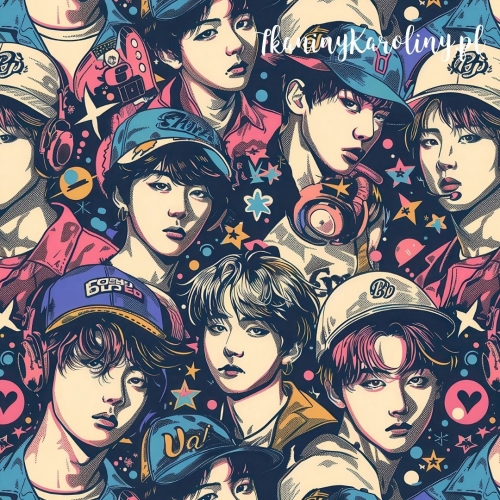 WELUR TAPICERSKI K-POP Chłopcy w kolorowych czapkach baseballowych na ciemnym tle