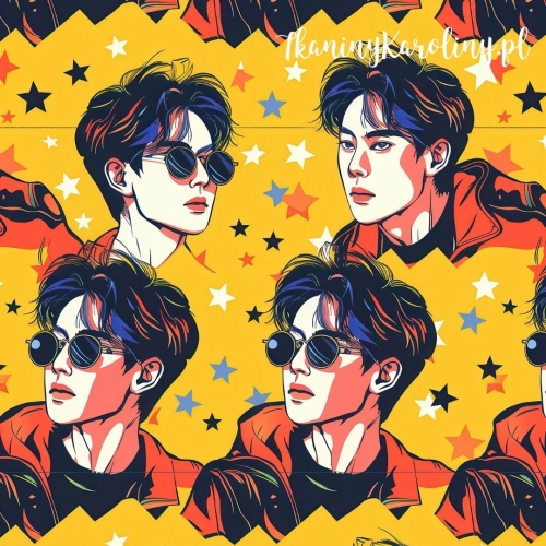 TKANINA WODOODPORNA OXFORD K-POP Chłopcy w okularach na żółtym tle z niebieską grzywką [6-8]