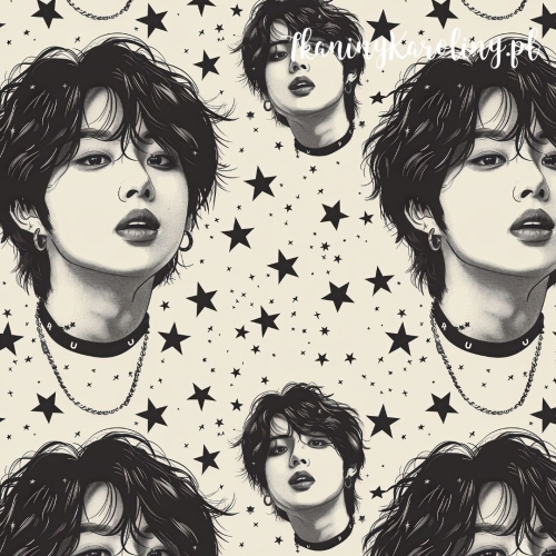TKANINA WODOODPORNA OXFORD K-POP Chłopcy, portret na jasnym tle, czarne gwiazdy  [6-8]