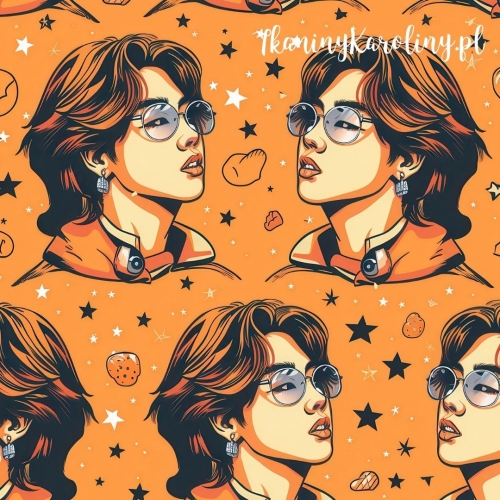 TKANINA WODOODPORNA OXFORD K-POP Chłopcy w okularach na pomarańczowym tle z białymi i czarnymi gwiazdami