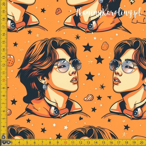 TKANINA WODOODPORNA OXFORD K-POP Chłopcy w okularach na pomarańczowym tle z białymi i czarnymi gwiazdami