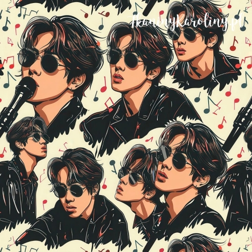 TKANINA WODOODPORNA OXFORD K-POP Chłopcy w czarnych kurtkach i okularach na jasnym tle, nuty i mikrofony