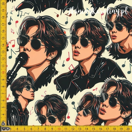 TKANINA WODOODPORNA OXFORD K-POP Chłopcy w czarnych kurtkach i okularach na jasnym tle, nuty i mikrofony