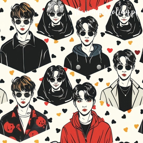 WELUR TAPICERSKI K-POP Chłopcy w okularach i w żółtych, czerwonych oraz czarnych plamach na jasnym tle [6-8]