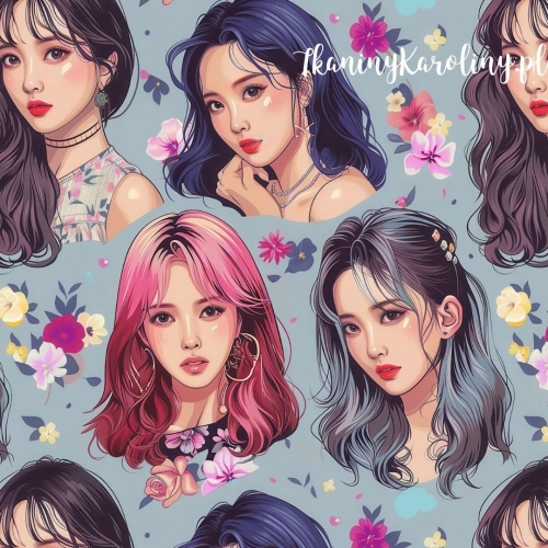 TKANINA WODOODPORNA OXFORD K-POP Dziewczyny, portrety w kwiatach ciemniejszym tle