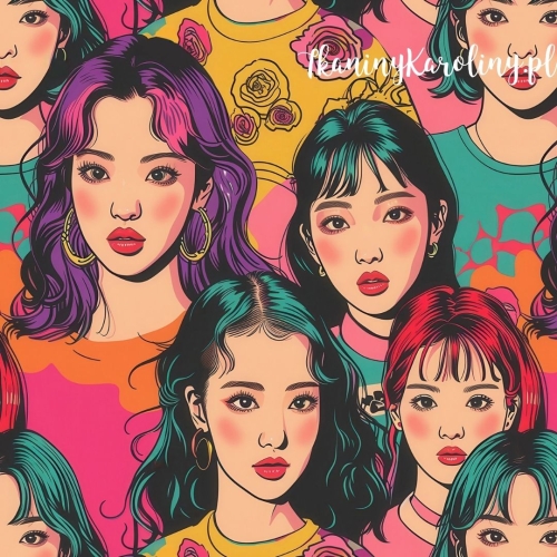 WELUR TAPICERSKI K-POP Dziewczyny, twarze - fioletowe, zielone i pomarańczowe fryzury w tłumie