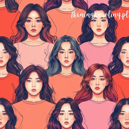 TKANINA WODOODPORNA OXFORD K-POP Dziewczyny w różowych i pomarańczowych bluzkach