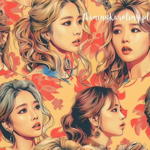 TKANINA WODOODPORNA OXFORD K-POP Dziewczyny, portrety na abstrakcyjnych kwiatowych wzorach, żółto-pomarańczowe tło