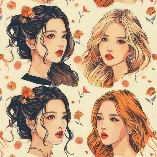 WELUR TAPICERSKI K-POP Dziewczyny, portrety w pomarańczowych kwiatach jasnym tle