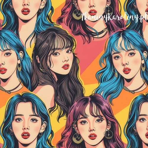 TKANINA WODOODPORNA OXFORD K-POP Dziewczyny - niebieskie, brązowe, różowe włosy na ciepłych barwach