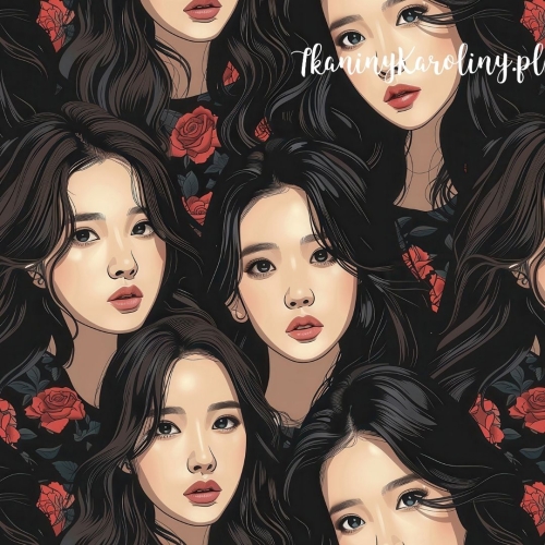 TKANINA WODOODPORNA OXFORD K-POP Dziewczyny, portrety w czerwonych różach na czarnym tle