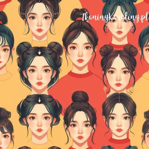 TKANINA WODOODPORNA OXFORD K-POP Dziewczyny w w koczkach na żółto-pomarańczowym tle