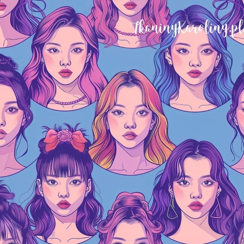 TKANINA WODOODPORNA OXFORD K-POP Dziewczyny w kokardach na niebieskim tle