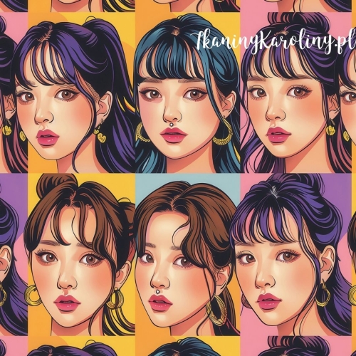 WELUR TAPICERSKI K-POP Dziewczyny na różnych kolorowych tłach w rzędach