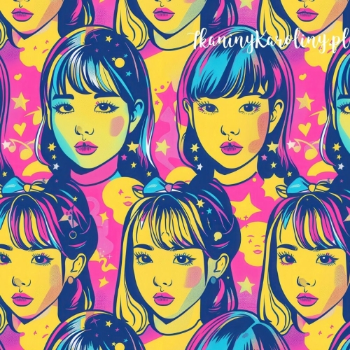 WELUR TAPICERSKI K-POP Dziewczyny, żółte gwiazdki, plamy i nutki na różowym tle [6-8]