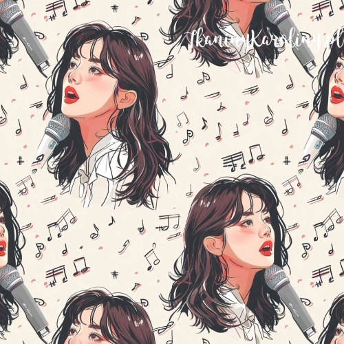 WELUR TAPICERSKI K-POP Dziewczyny, twarze z mikrofonami na jasnym tle