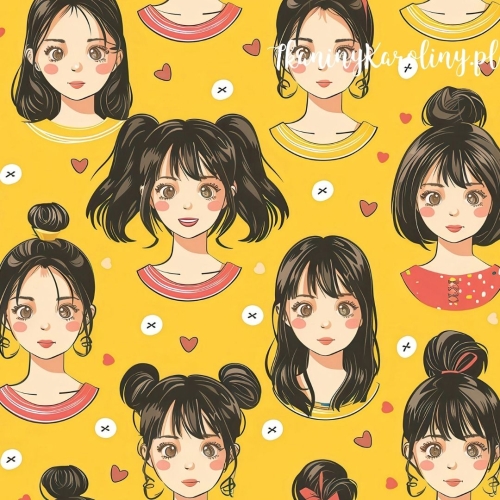 WELUR TAPICERSKI K-POP Dziewczyny z koczkami i kucykami na żółtym tle, serduszka [6-8]