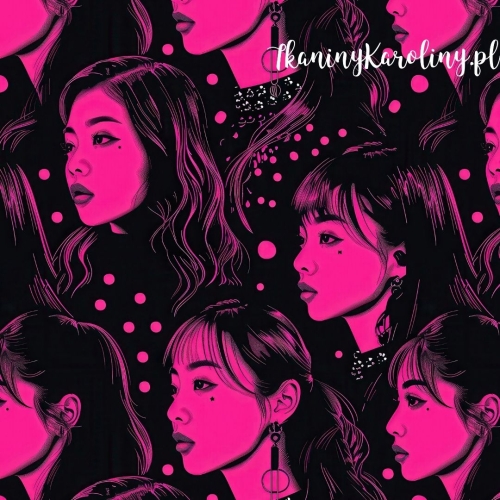 TKANINA WODOODPORNA OXFORD K-POP Dziewczyny, różowe twarze z kropkami na czarnym tle