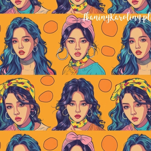 WELUR TAPICERSKI K-POP Dziewczyny K-POP w stylu pin-up na pomarańczowym tle