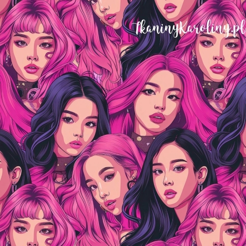 WELUR TAPICERSKI K-POP Dziewczyny - różowe i fioletowe włosy, w tłumie