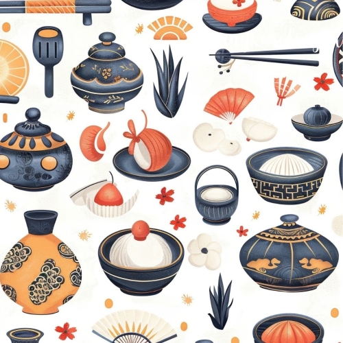TKANINA WODOODPORNA OXFORD Wzory orientalne - naczynia, wachlarze, potrawy na jasnym tle