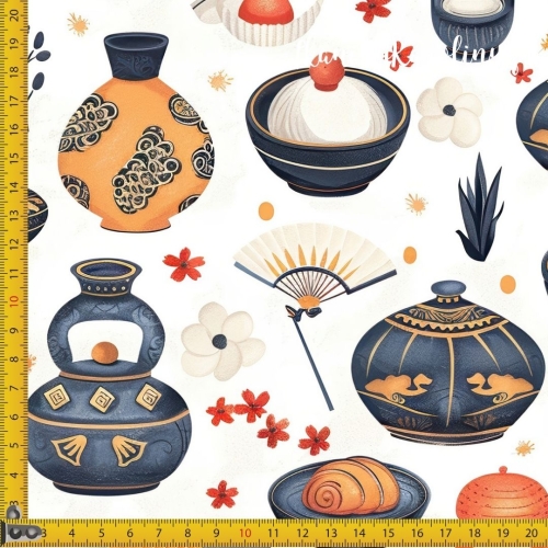 TKANINA WODOODPORNA OXFORD Wzory orientalne - naczynia, wachlarze, potrawy na jasnym tle