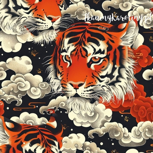 WELUR TAPICERSKI Wzory orientalne, Tygrysy w chmurach na czarnym tle