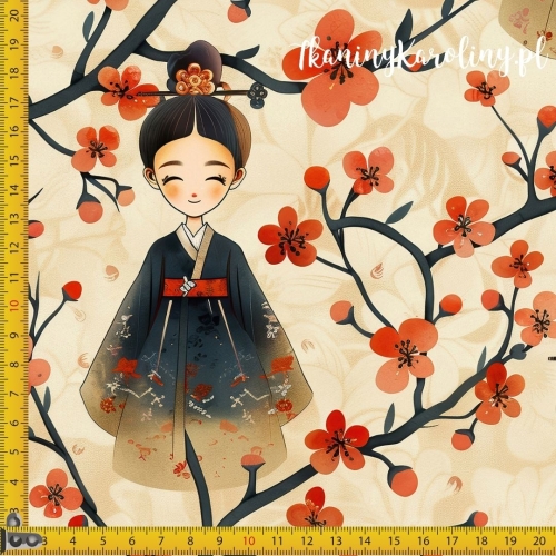 WELUR TAPICERSKI Wzory orientalne, Laleczki w kwiatach wiśni na beżu