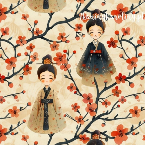 TKANINA WODOODPORNA OXFORD Wzory orientalne - Laleczki w kwiatach wiśni na beżu