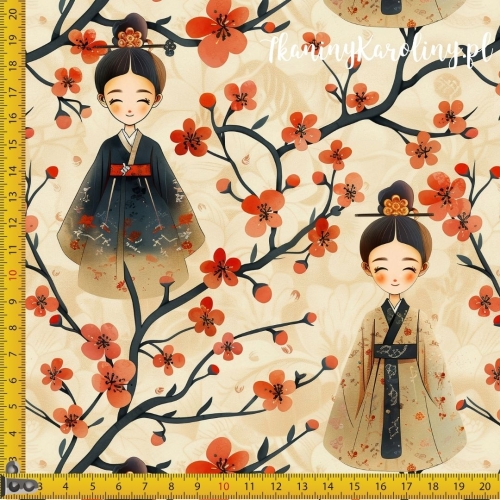 TKANINA WODOODPORNA OXFORD Wzory orientalne - Laleczki w kwiatach wiśni na beżu