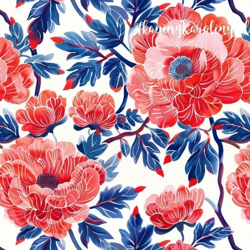 WELUR TAPICERSKI Piwonie na białym tle, niebieskie liście