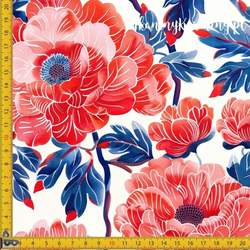 WELUR TAPICERSKI Piwonie na białym tle, niebieskie liście