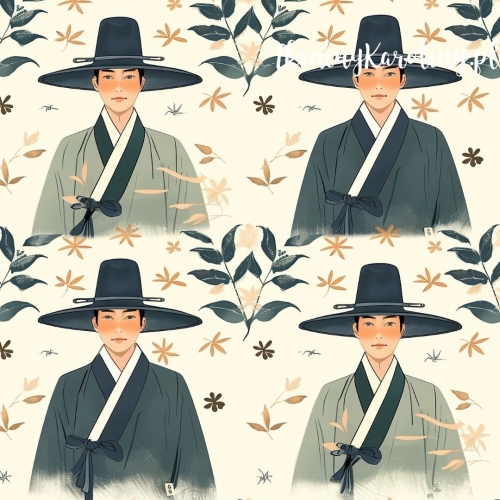 WELUR TAPICERSKI Wzory orientalne, Mężczyźni w koreańskich kapeluszach "gat"