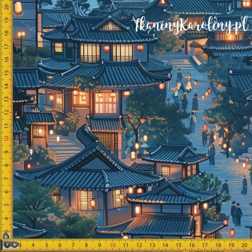 WELUR TAPICERSKI Wzór orientalny, wioska nocą (niebieska)