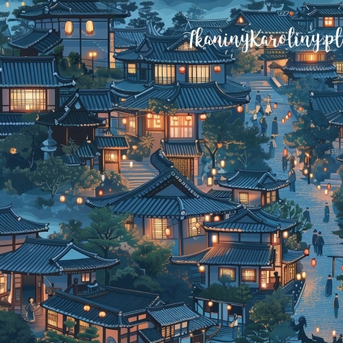 TKANINA WODOODPORNA OXFORD Wzór orientalny, wioska nocą (niebieska)