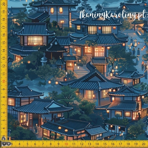 TKANINA WODOODPORNA OXFORD Wzór orientalny, wioska nocą (niebieska)