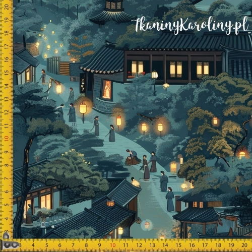 WELUR TAPICERSKI Wzór orientalny, wioska nocą (zielona)