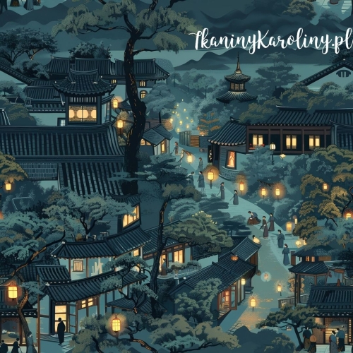 TKANINA WODOODPORNA OXFORD Wzór orientalny, wioska nocą (zielona)